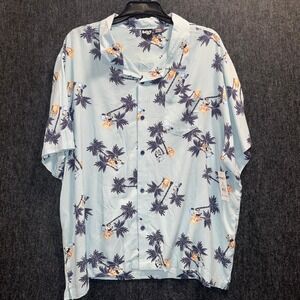 Bluey Men 3XL Tropical Palm Tree Button Down Shirt Light Blue Rayon Short Sleeve